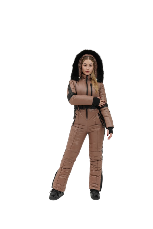 Women Winter Overall Ski Jumpsuit Brown Removable Hood Real Fox Fur Water Repellent