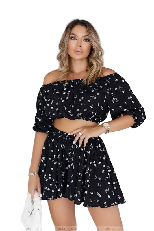 Feminine Black Floral Off-Shoulder Two-Piece Summer Outfit