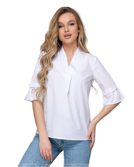 White V-Neck Casual Shirt with 3/4 Sleeves