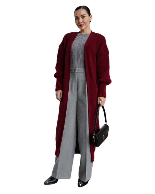 Long Burgundy Knit Cardigan Stylish Seasonal Essential