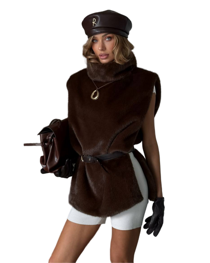 Person wearing a brown poncho, hat, and gloves on a white background