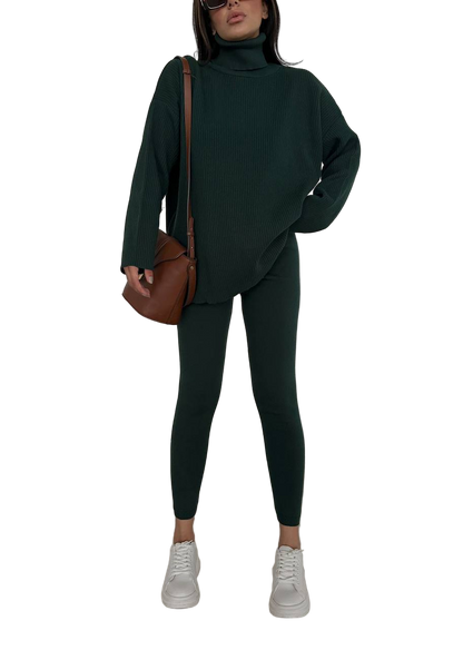 Forest Green Ribbed Oversized Turtleneck Sweater and Shaping Leggings Set