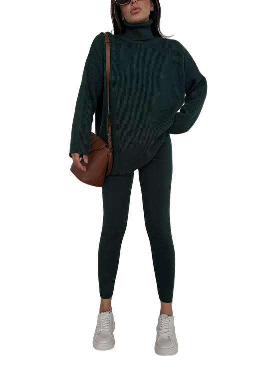 Forest Green Ribbed Oversized Turtleneck Sweater and Shaping Leggings Set
