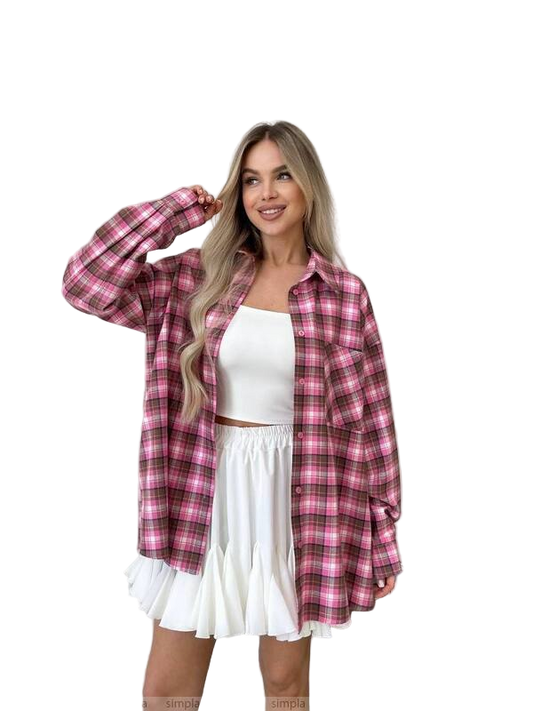 Oversized Pink Plaid Flannel Shirt for Women