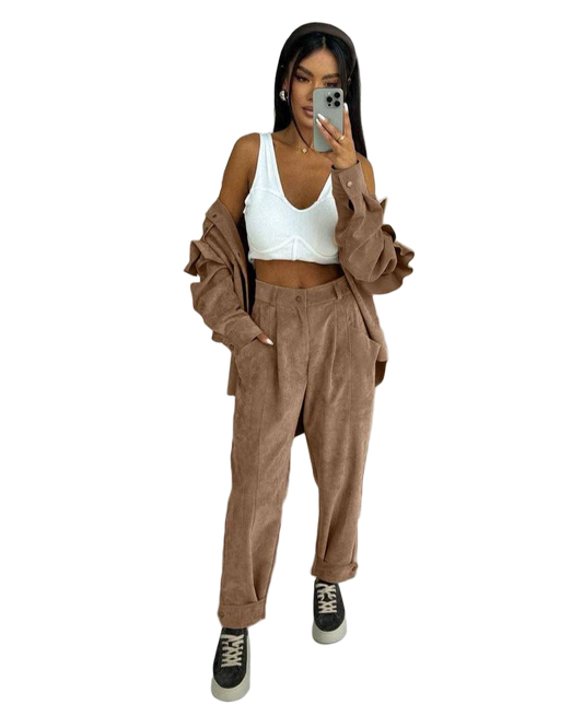 Stylish Brown Corduroy Two-Piece Set with Ruffled Shirt and Clasped Trousers