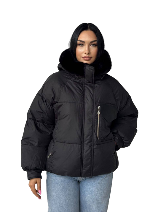 Womens Black Winter Puffer Jacket with Natural Fur Hood Biopuff Insulation