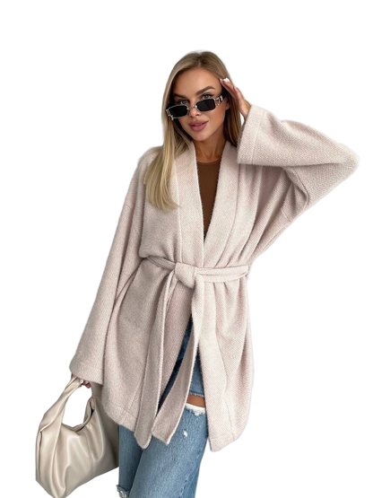 Soft Blush Fuzzy Angora Cardigan Belted Oversized Knit Cardigan