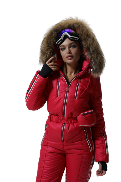 Person wearing a red snowsuit with a fur-lined hood on a white background
