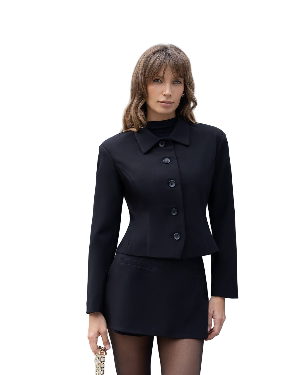 Black Tailored Suit Set Jacket with Lined Reno Fabric and Skirt Shorts