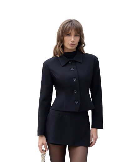 Black Tailored Suit Set Jacket with Lined Reno Fabric and Skirt Shorts
