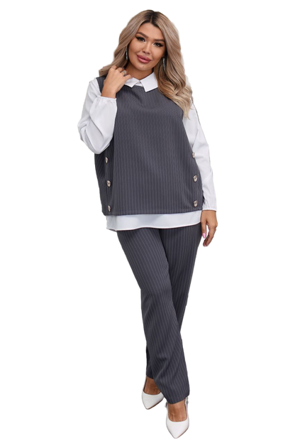Gray Pinstripe Three Piece Suit Set with White Blouse