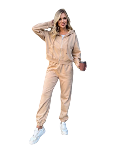 Beige Three Piece Suit Women Zip Hoodie Crop Top Joggers Cotton Spandex Set