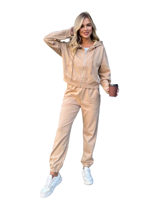 Beige Three Piece Suit Women Zip Hoodie Crop Top Joggers Cotton Spandex Set