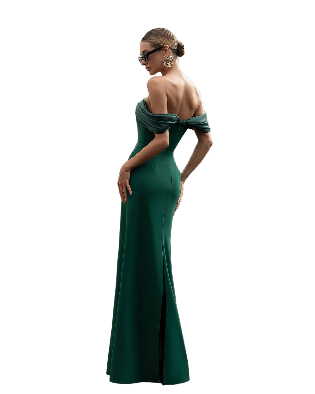 Woman wearing a green off-shoulder evening gown on a white background
