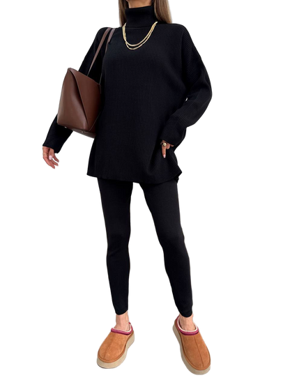 Black Ribbed Oversized Knit Sweater and Shaping Leggings Set Autumn Loungewear