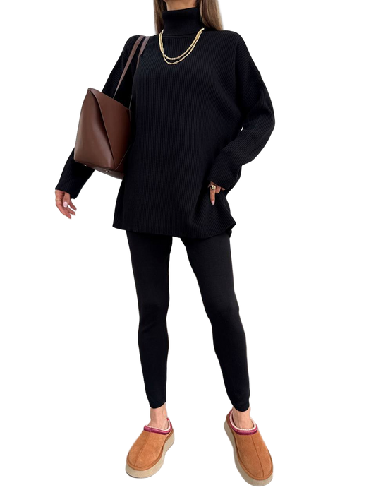 Black Ribbed Oversized Knit Sweater and Shaping Leggings Set Autumn Loungewear