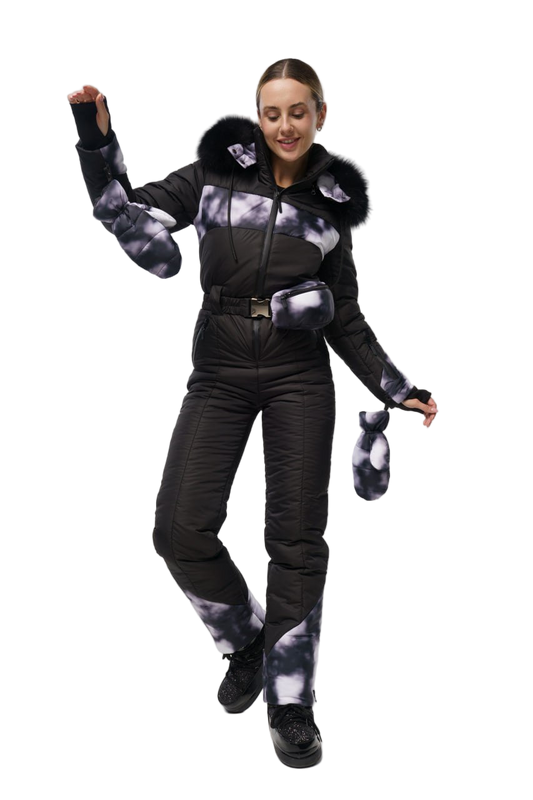 Womens Winter Jumpsuit Black with Mist Print Inserts Water Repellent Insulated Ski Suit