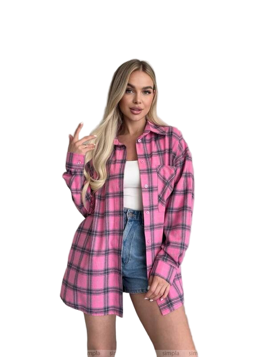 Womens Oversized Pink Plaid Flannel Shirt