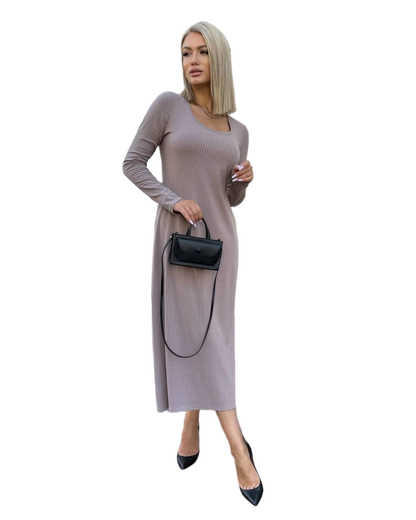 Long Sleeve Ribbed Knit Maxi Dress Taupe