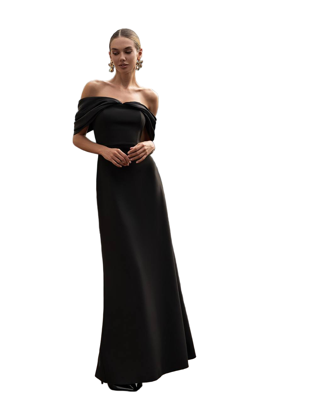 Black Premium Crepe Off Shoulder Evening Dress with Mango Satin Inserts