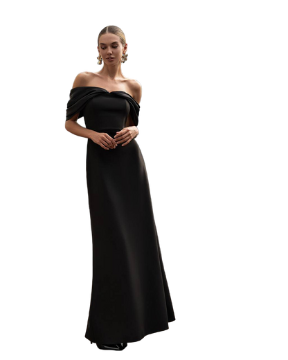 Black Premium Crepe Off Shoulder Evening Dress with Mango Satin Inserts