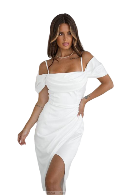 Woman wearing a white off-shoulder dress on a white background