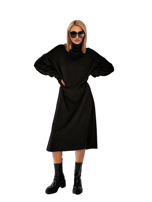 Woman wearing a black dress with a white background
