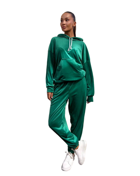 Green Velour Tracksuit Hooded Sweatshirt and Cuffed Joggers Turkish Velour