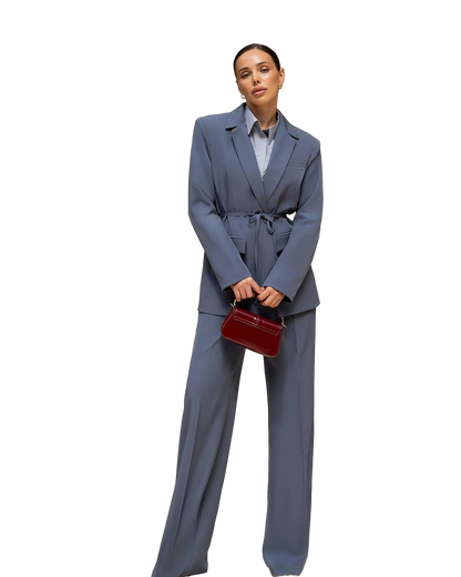 Womens Blue Crepe Suit Blazer and Trousers Belted Tailored