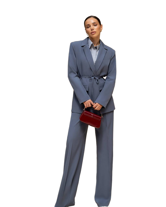 Womens Blue Crepe Suit Blazer and Trousers Belted Tailored