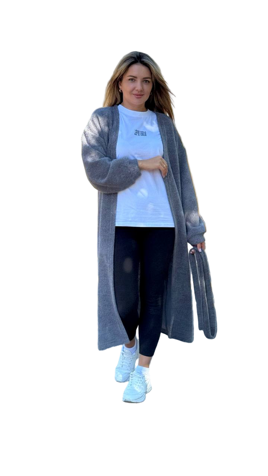 Long Gray Angora Travka Cardigan with Belt