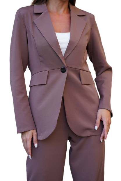 Brown suit jacket and pants on a white background