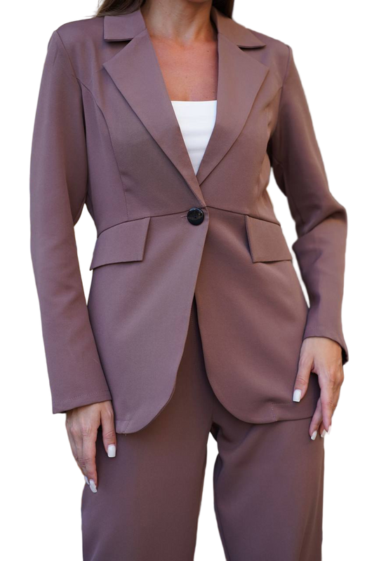 Brown suit jacket and pants on a white background