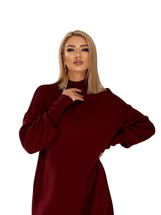 Woman wearing a burgundy dress on a white background