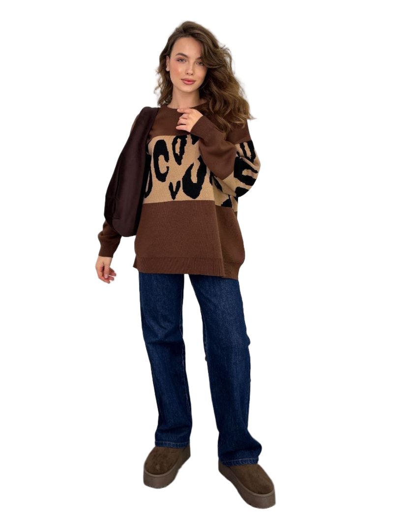 Oversized Long Knit Sweater Brown Leopard Print Cozy Autumn