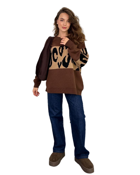 Oversized Long Knit Sweater Brown Leopard Print Cozy Autumn