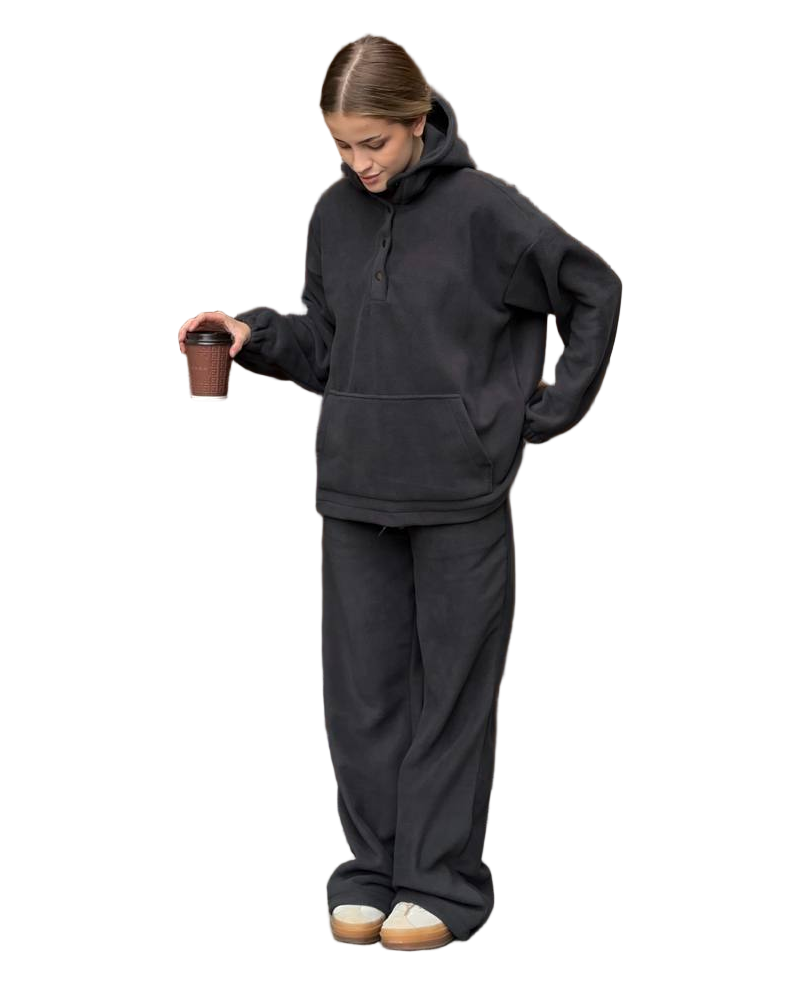 Charcoal Double Sided Fleece Hooded Tracksuit Warm Oversized Loungewear Set