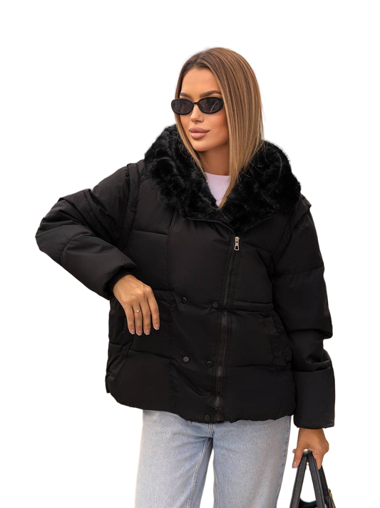 Transformer Jacket Black with Removable Sleeves Faux Fur Hood Water Resistant Convertible Puffer