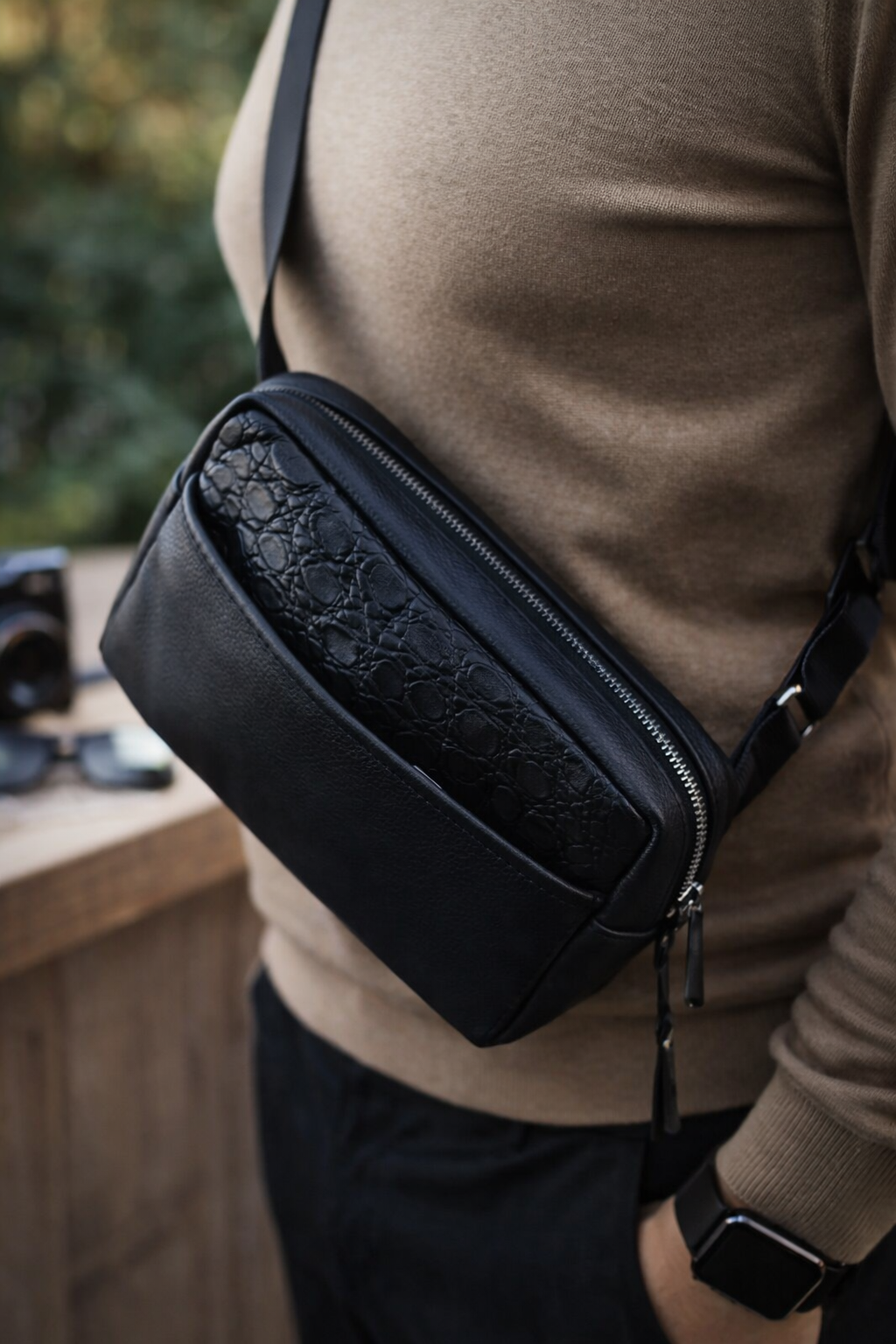 Handmade Genuine Leather Crossbody Bag Black Crocodile Leather Detail Belt Bag