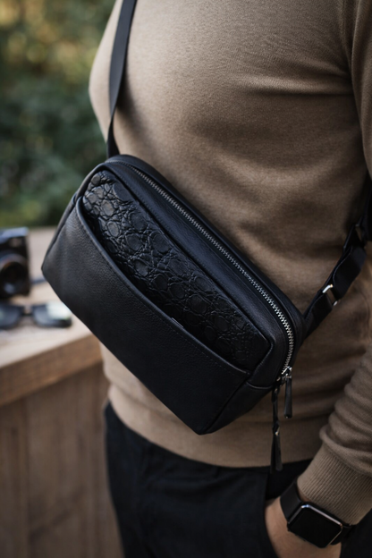 Handmade Genuine Leather Crossbody Bag Black Crocodile Leather Detail Belt Bag