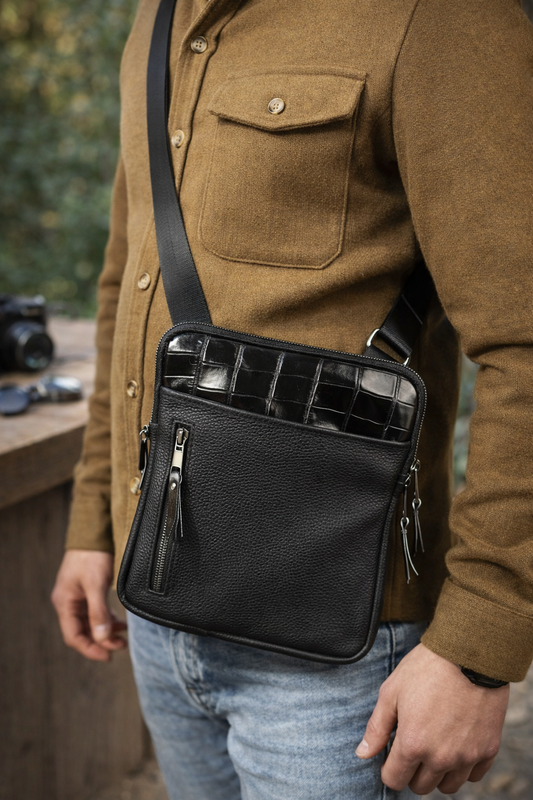 Handmade Mens Leather Crossbody Bag Black Crocodile Accent Messenger Gift for Him