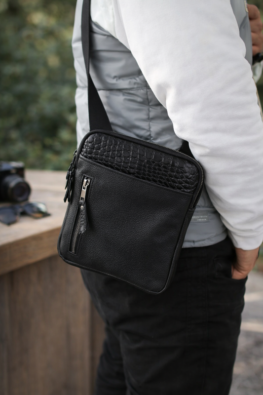 Mens handmade leather crossbody bag black crocodile insert Gift for Him