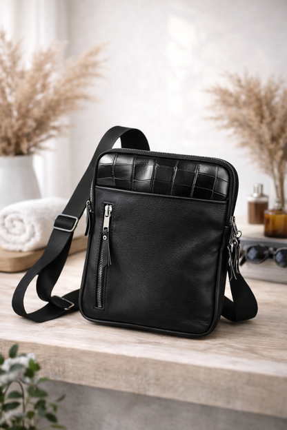 Handmade Mens Black Leather Crossbody Bag Crocodile Trim Messenger Gift for Him