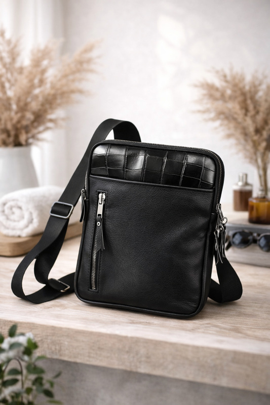 Handmade Mens Black Leather Crossbody Bag Crocodile Trim Messenger Gift for Him
