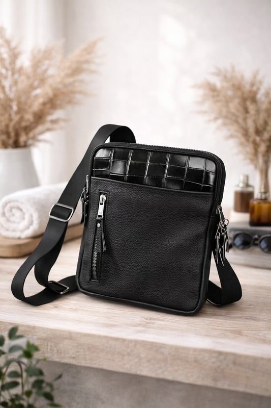 Handmade Mens Black Leather Crossbody Bag Crocodile Leather Insert Gift for Him