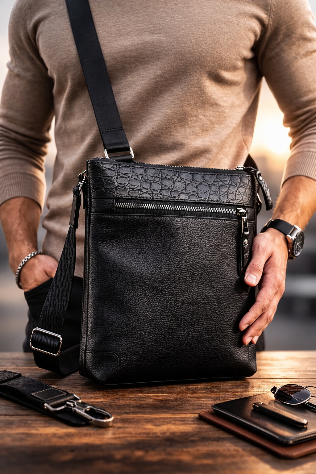 Handmade Genuine Leather Messenger Shoulder Bag for Men Black Crocodile Insert Gift for Him
