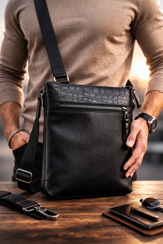 Handmade Genuine Leather Messenger Shoulder Bag for Men Black Crocodile Insert Gift for Him