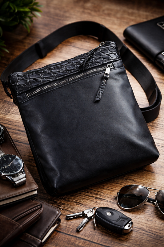 Handmade Genuine Leather Messenger Bag Mens Shoulder Bag Black Crocodile Leather Insert Gift for Him