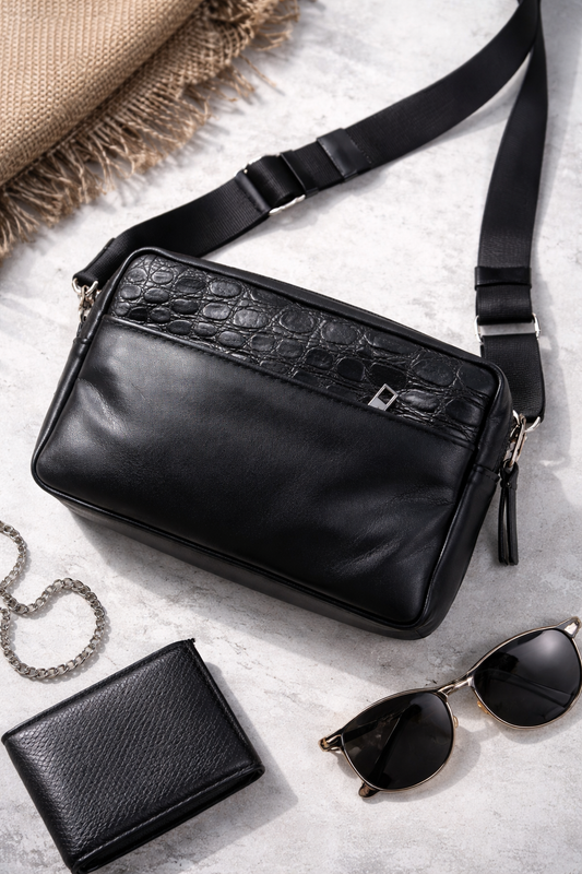 Handmade Black Genuine Leather Crossbody Belt Bag with Crocodile Insert Gift for Him