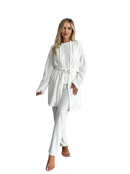 White Velour Three Piece Loungewear Set Top Pants Belted Robe